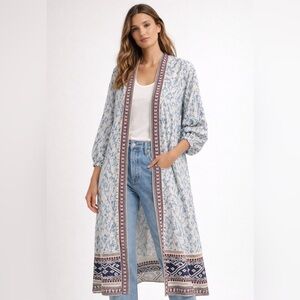 Anthropologie Maeve Arwen Blue & Cream Patterned Duster